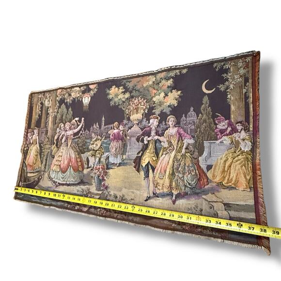 VTG Antique Moonlight Serenade Belgian Tapestry Wall Hanging Rococo 38” X 20” - Picture 13 of 16